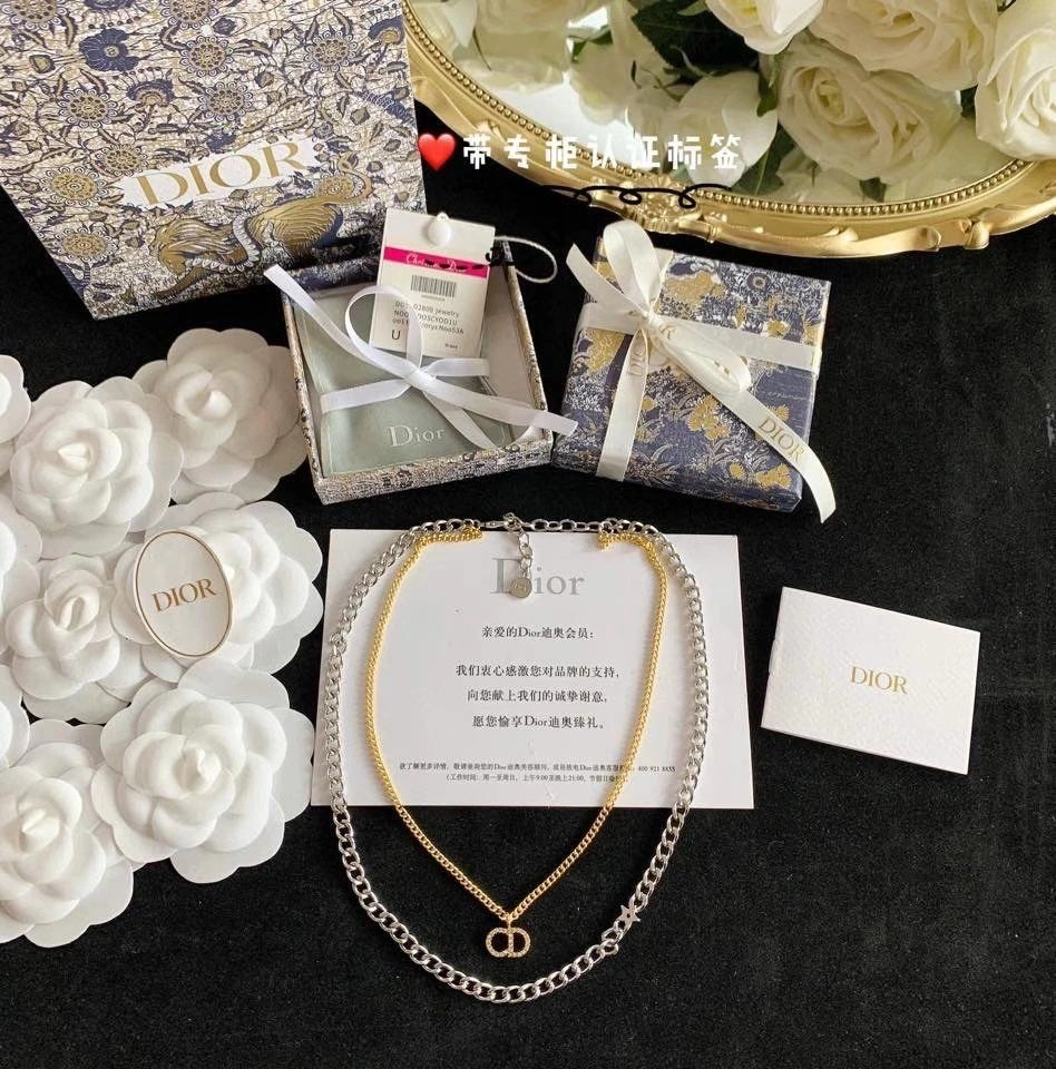 Best Site Christian Dior Clair D Lune CD Logo Diamond Pendant Women Two-tone Double Link Chain Necklace