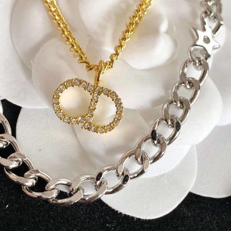 Best Site Christian Dior Clair D Lune CD Logo Diamond Pendant Women Two-tone Double Link Chain Necklace