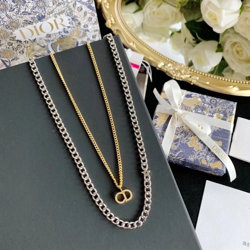 Best Site Christian Dior Clair D Lune CD Logo Diamond Pendant Women Two-tone Double Link Chain Necklace