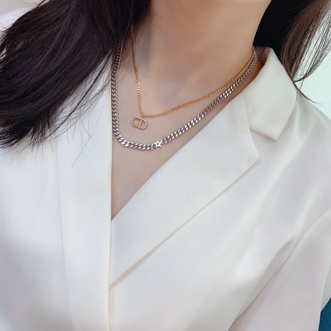Best Site Christian Dior Clair D Lune CD Logo Diamond Pendant Women Two-tone Double Link Chain Necklace