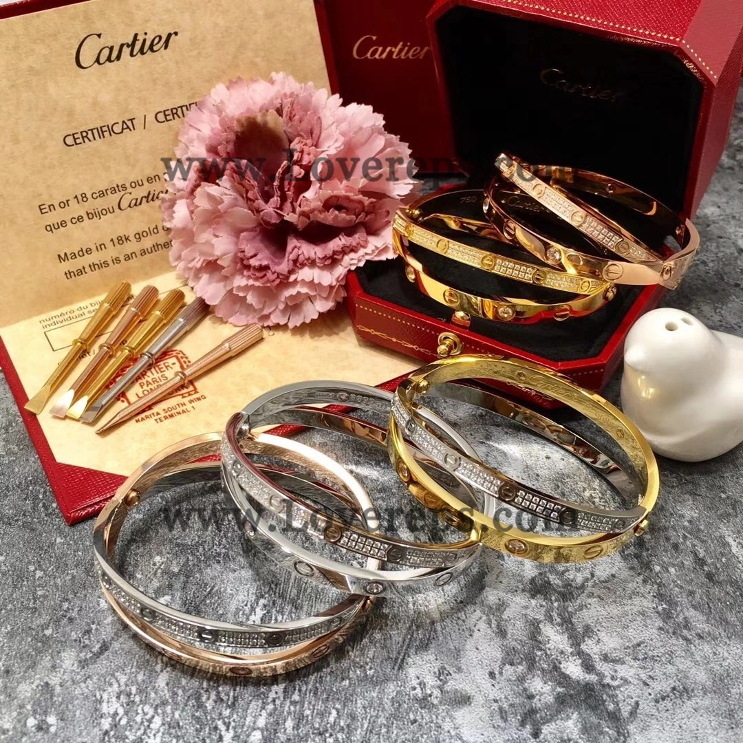 Cartier Double Love Diamond Paved Bracelet White Gold Yellwo Gold Rose Gold