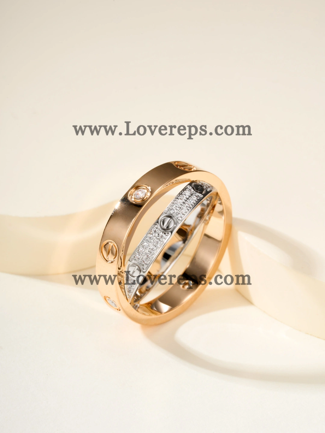 Cartier Double Love Ring in White Gold and Rose Gold with Pave Diamonds