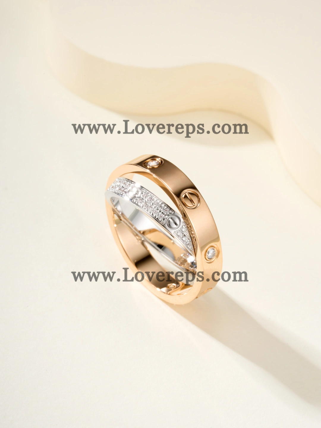 Cartier Double Love Ring in White Gold and Rose Gold with Pave Diamonds