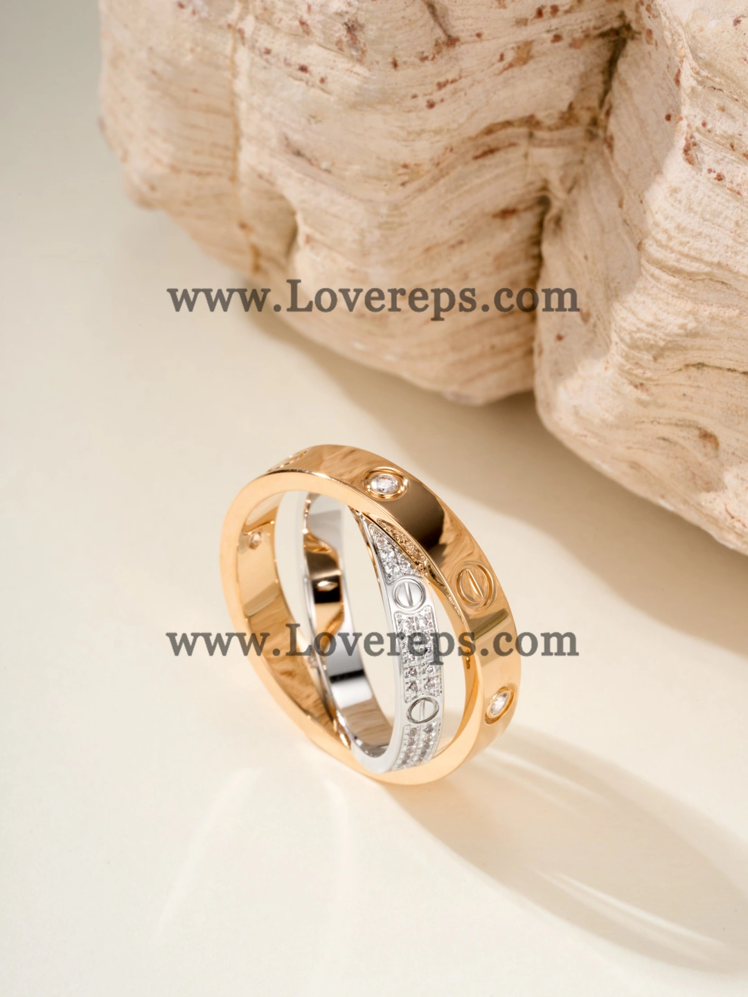 Cartier Double Love Ring in White Gold and Rose Gold with Pave Diamonds