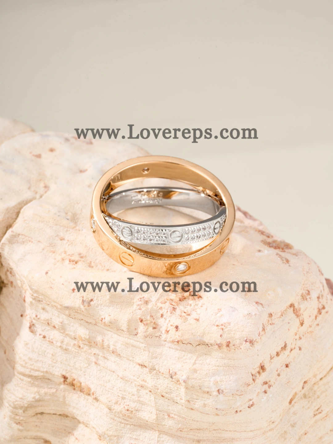 Cartier Double Love Ring in White Gold and Rose Gold with Pave Diamonds