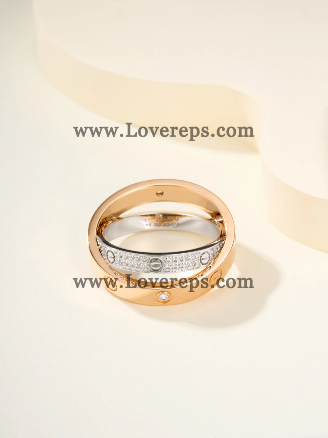 Cartier Double Love Ring in White Gold and Rose Gold with Pave Diamonds