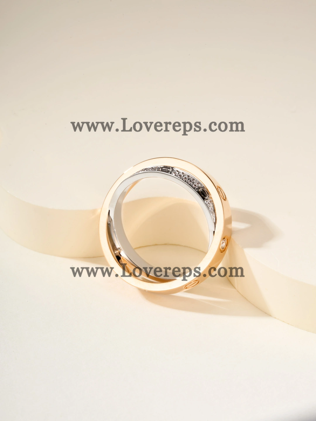 Cartier Double Love Ring in White Gold and Rose Gold with Pave Diamonds