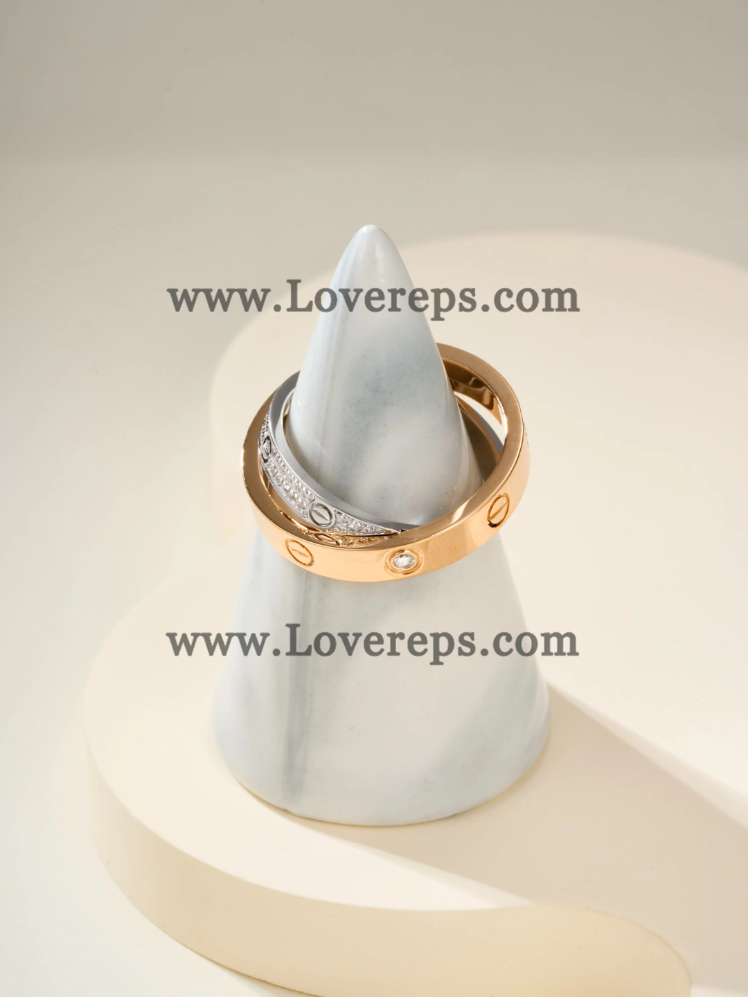 Cartier Double Love Ring in White Gold and Rose Gold with Pave Diamonds