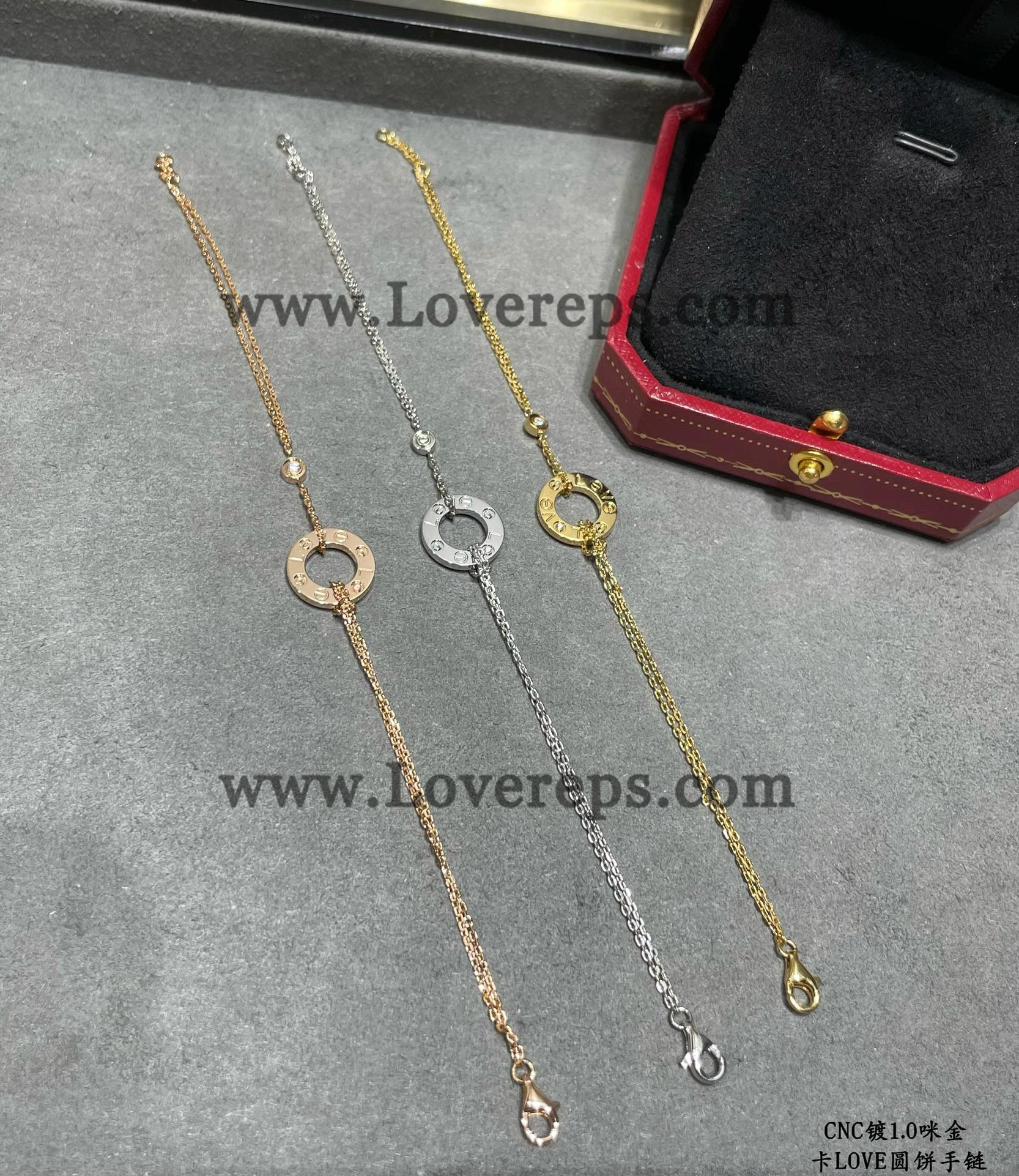 Cartier LOVE Bracelet on Chain With 2 Diamonds Yellow Gold White Gold Rose Gold