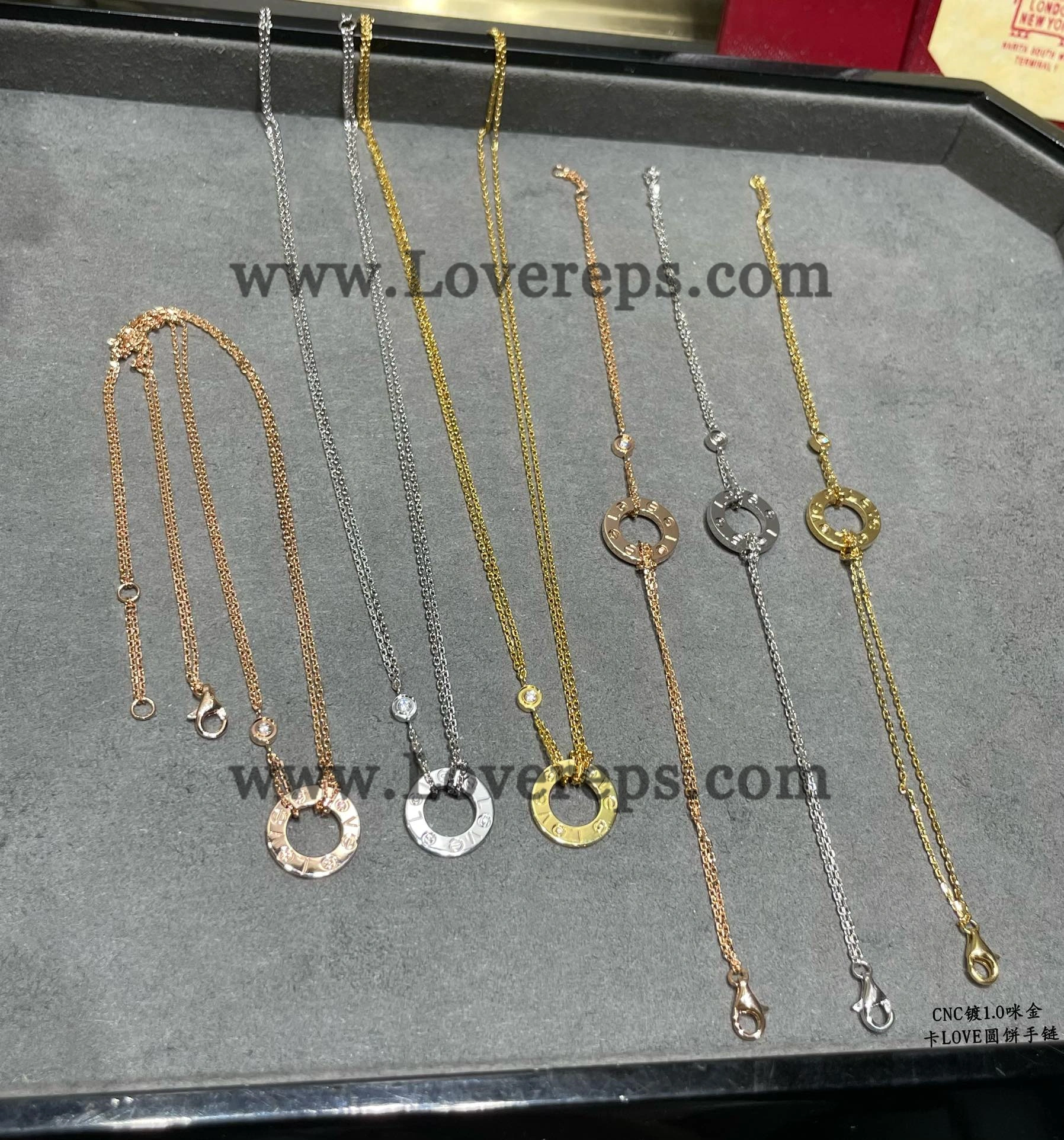 Cartier LOVE Bracelet on Chain With 2 Diamonds Yellow Gold White Gold Rose Gold