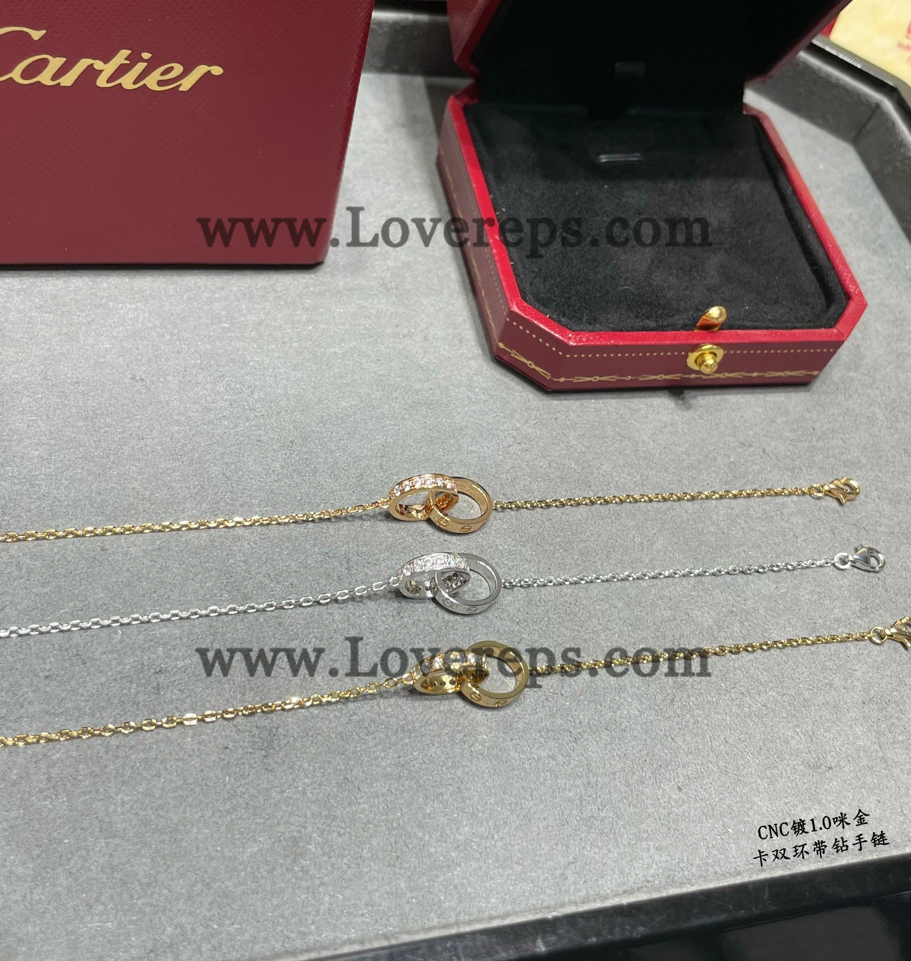 Cartier Love Bracelet on Chain Half-Paved Yellow Gold White Gold Rose Gold