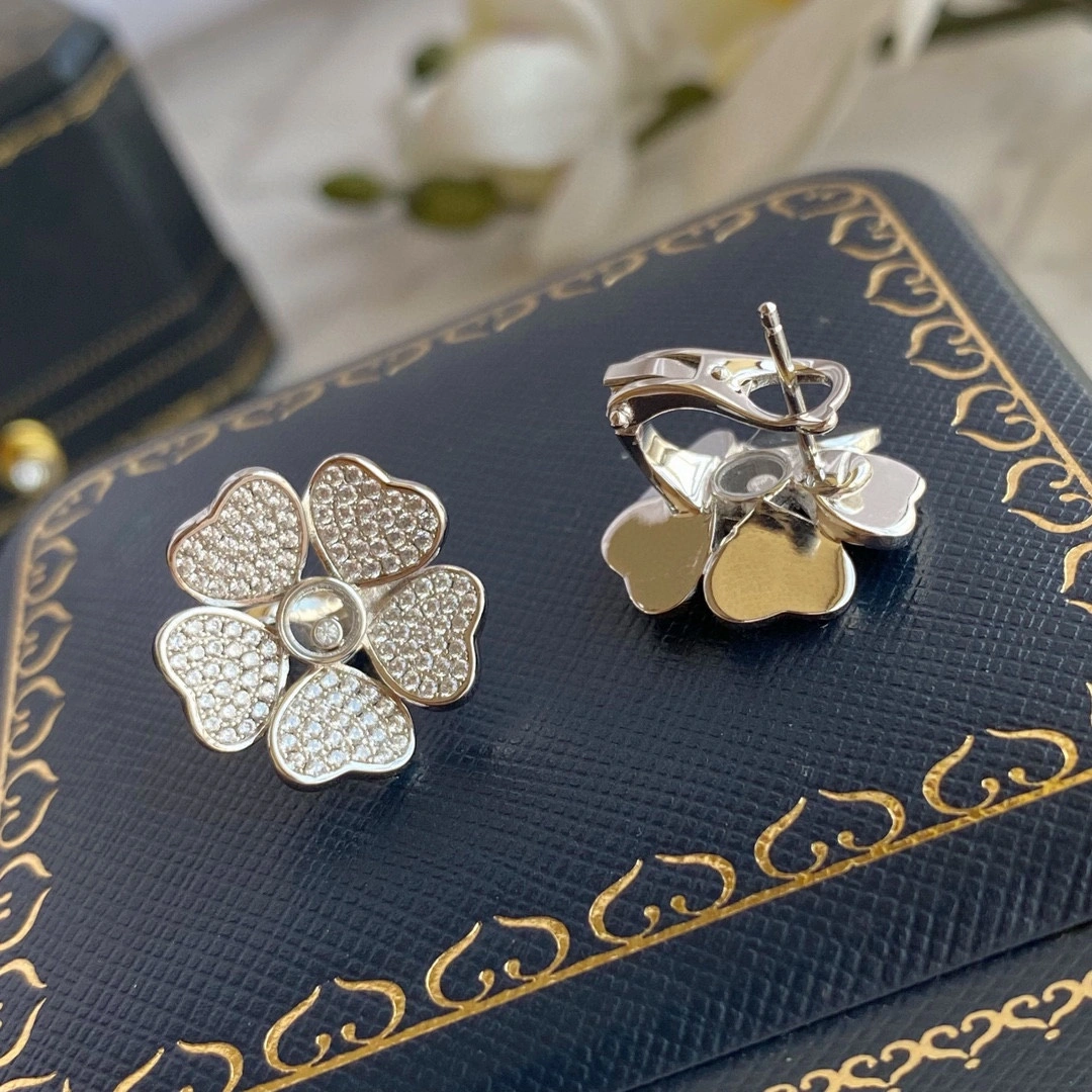 Chopard Happy Flowers Earrings With Pave Diamonds Rose Gold and White Glod