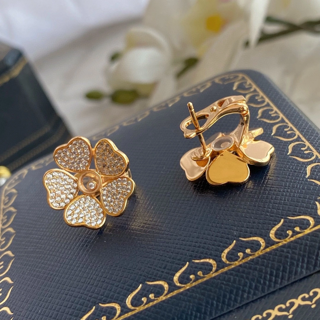 Chopard Happy Flowers Earrings With Pave Diamonds Rose Gold and White Glod