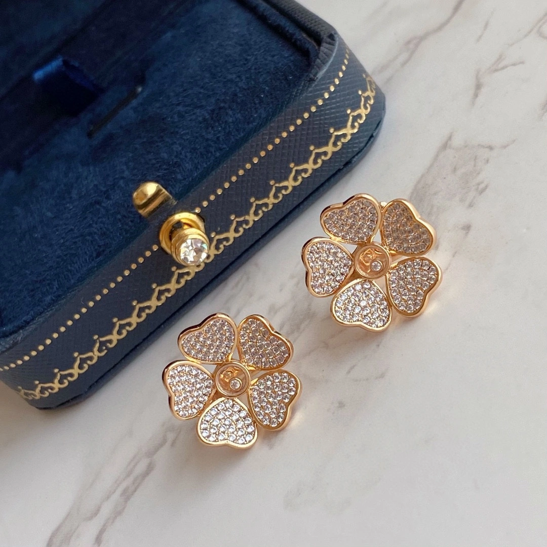 Chopard Happy Flowers Earrings With Pave Diamonds Rose Gold and White Glod