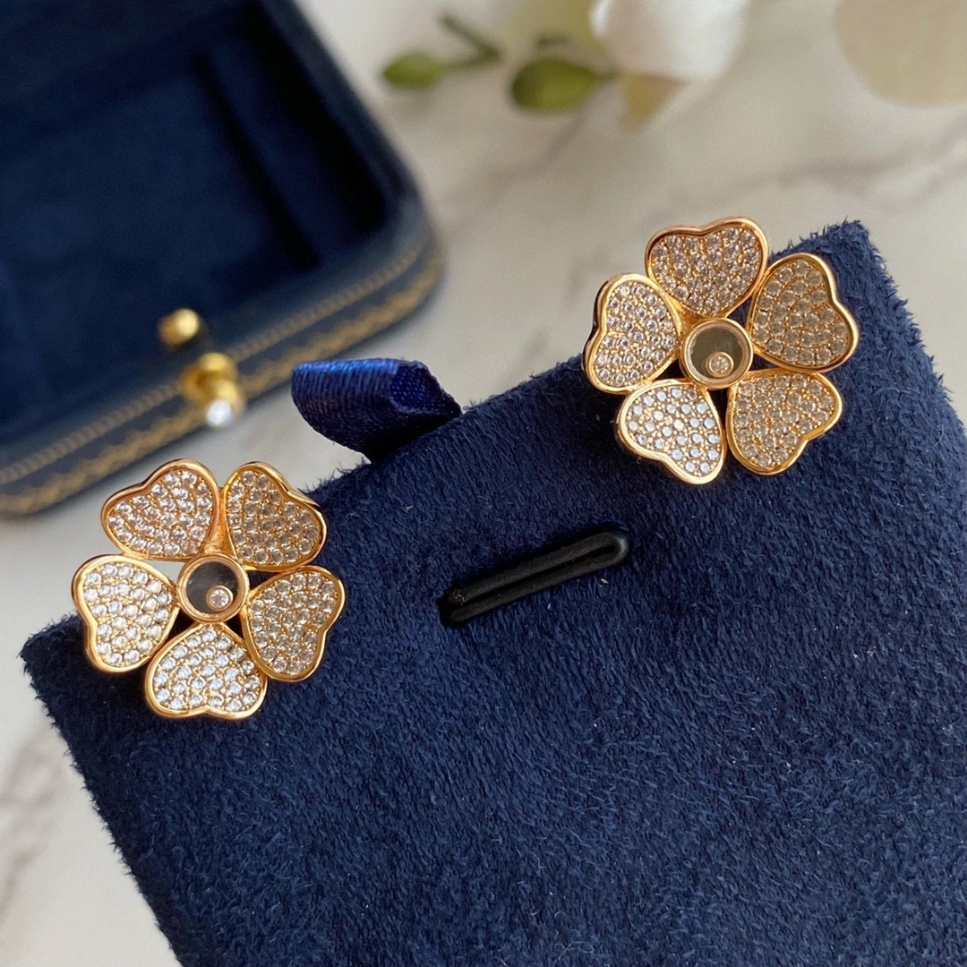 Chopard Happy Flowers Earrings With Pave Diamonds Rose Gold and White Glod