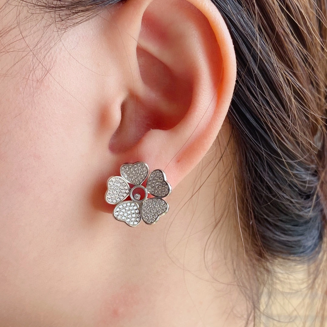 Chopard Happy Flowers Earrings With Pave Diamonds Rose Gold and White Glod