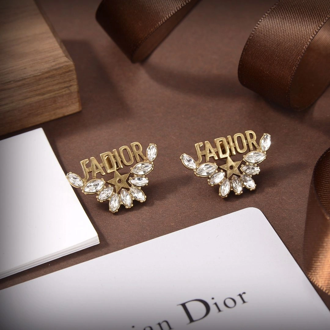 Christian Dior Best Dior J’ADIOR Brass Motif Star Detail Water Droplets Diamonds Stud Earrings For Ladies