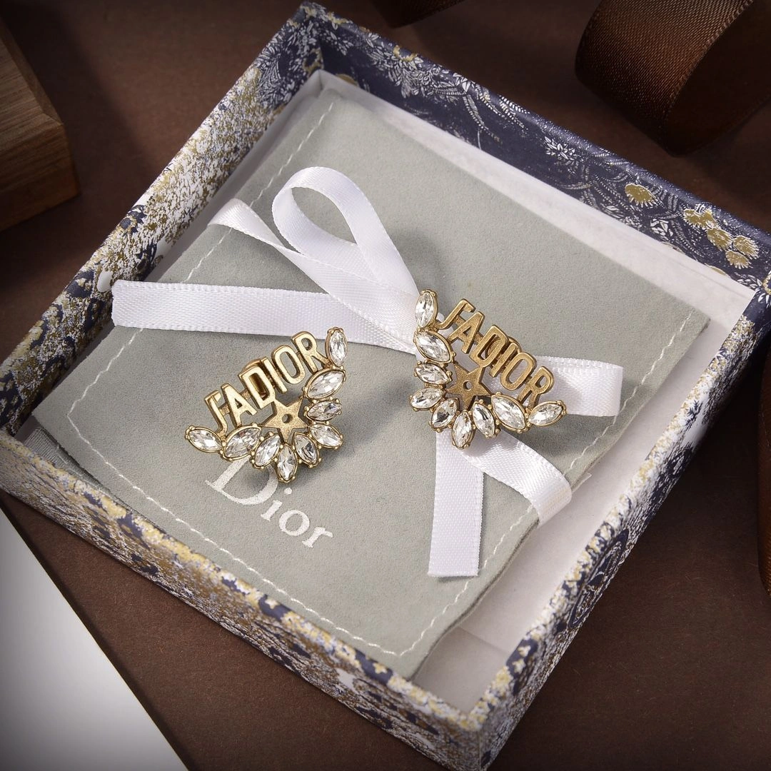 Christian Dior Best Dior J’ADIOR Brass Motif Star Detail Water Droplets Diamonds Stud Earrings For Ladies