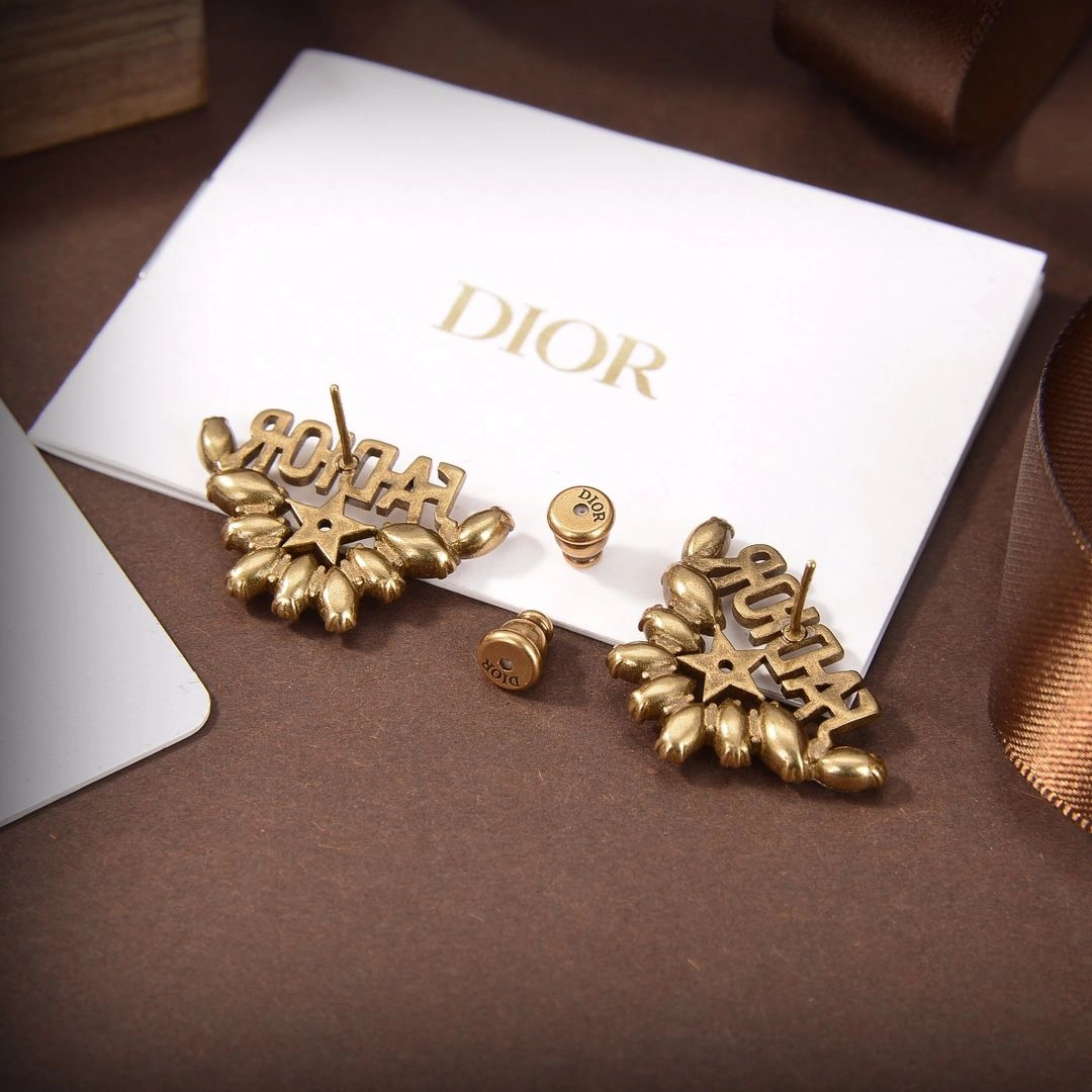 Christian Dior Best Dior J’ADIOR Brass Motif Star Detail Water Droplets Diamonds Stud Earrings For Ladies
