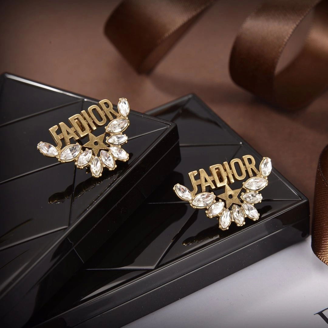 Christian Dior Best Dior J’ADIOR Brass Motif Star Detail Water Droplets Diamonds Stud Earrings For Ladies