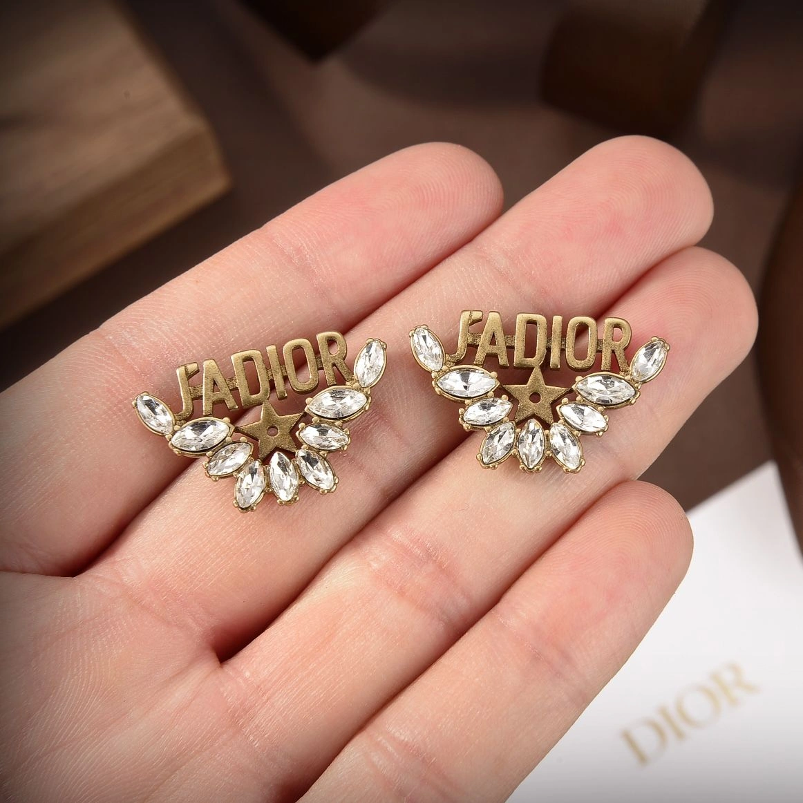 Christian Dior Best Dior J’ADIOR Brass Motif Star Detail Water Droplets Diamonds Stud Earrings For Ladies