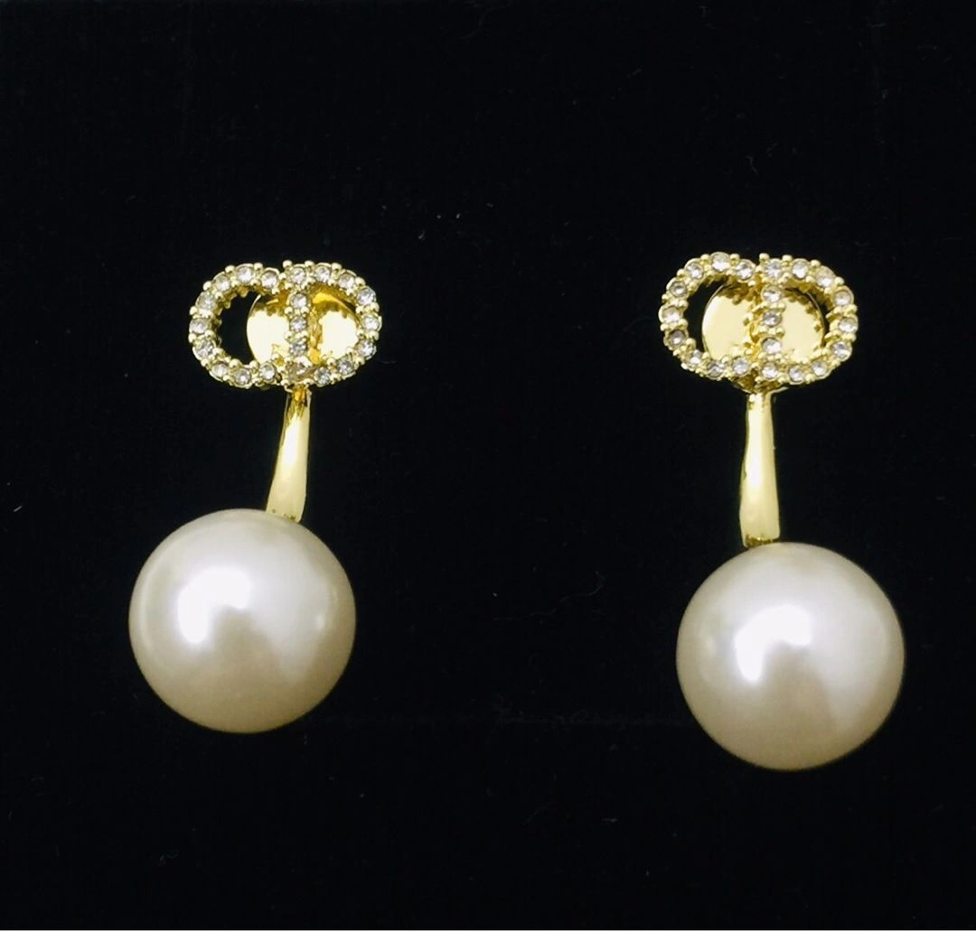 Christian Dior Petit CD White Pearl Pendant Paved Diamonds CD Signature Females Yellow Gold Plated Earrings Online