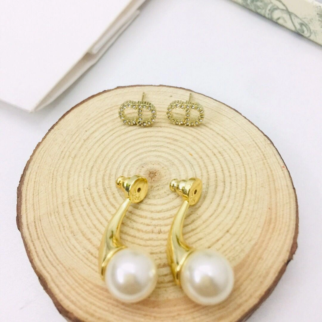 Christian Dior Petit CD White Pearl Pendant Paved Diamonds CD Signature Females Yellow Gold Plated Earrings Online