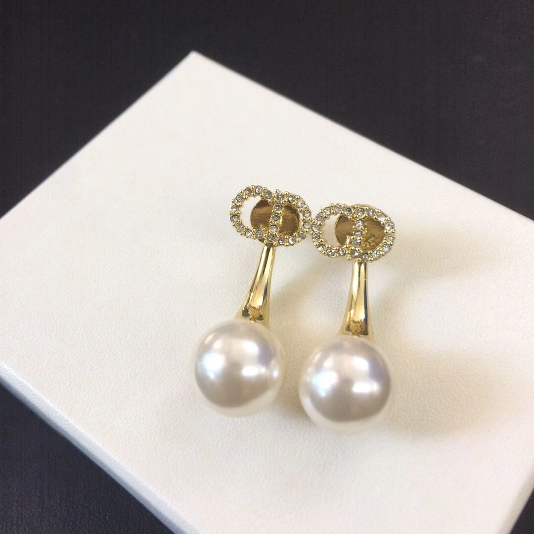 Christian Dior Petit CD White Pearl Pendant Paved Diamonds CD Signature Females Yellow Gold Plated Earrings Online