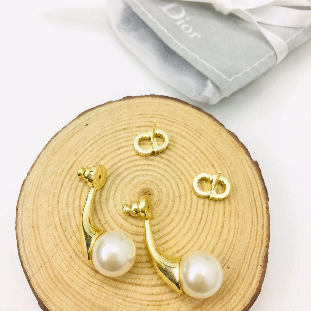 Christian Dior Petit CD White Pearl Pendant Paved Diamonds CD Signature Females Yellow Gold Plated Earrings Online