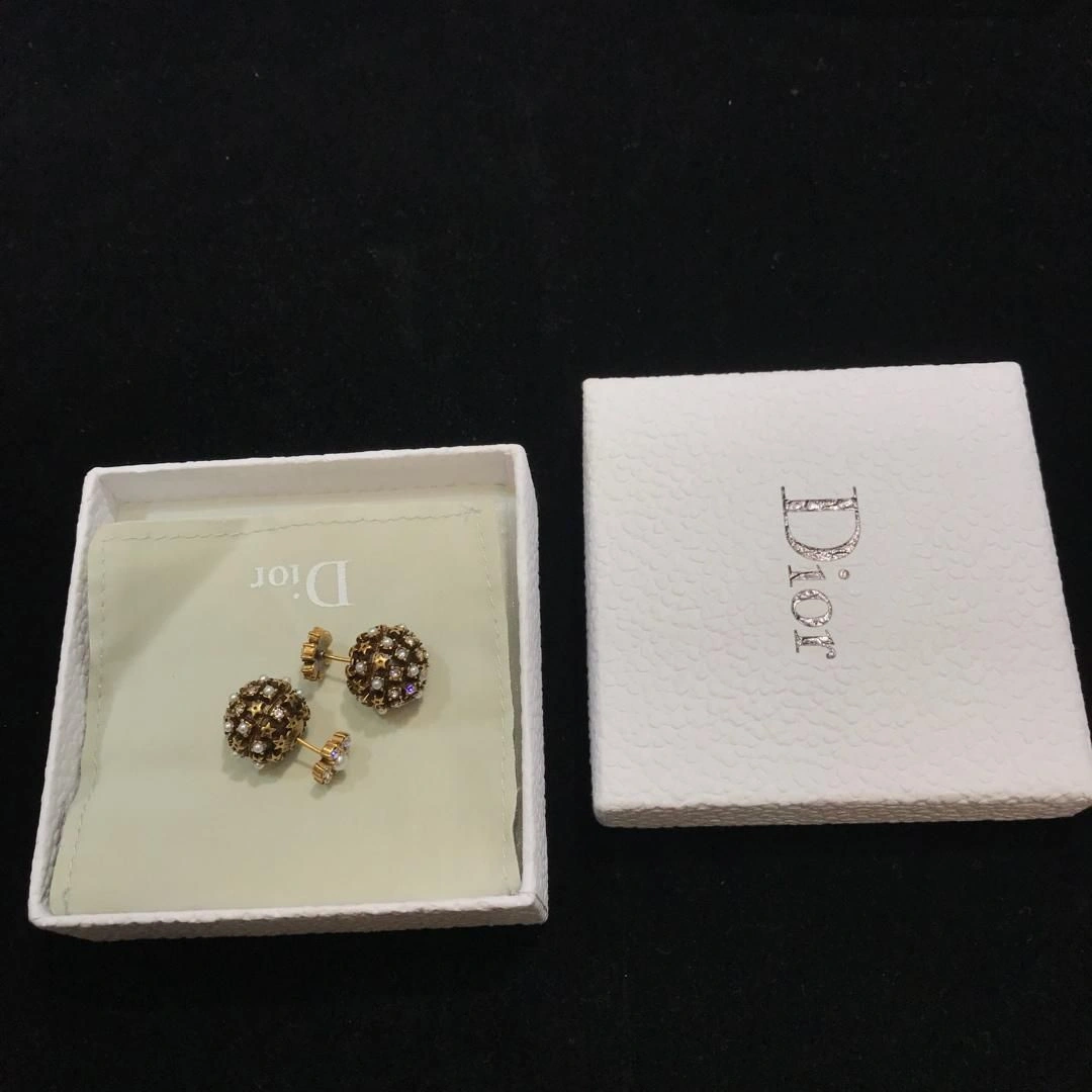 Christian Dior Tribales High End Flower Motif White Pearl Detail Ladies Yellow Brass Stud Earrings UK