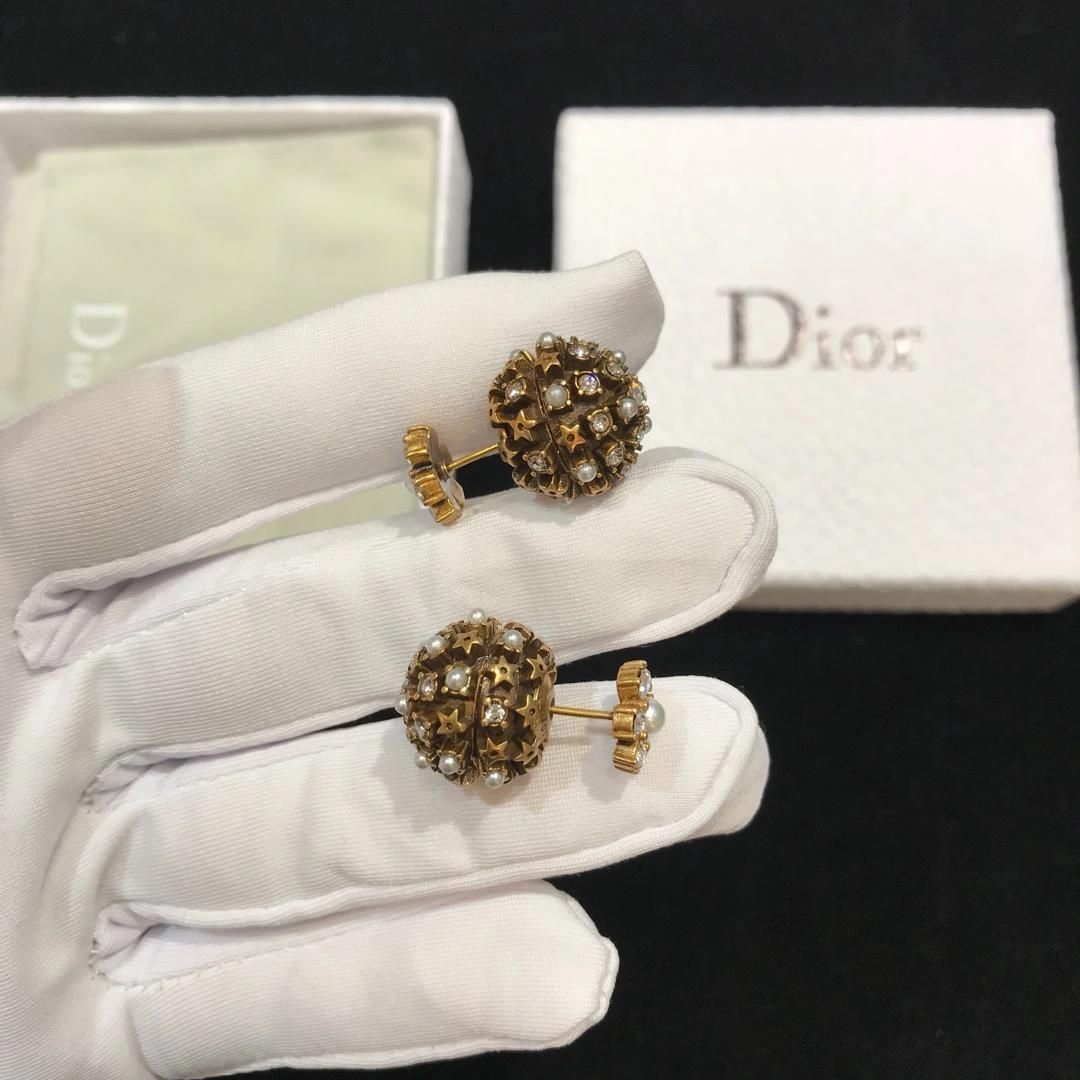 Christian Dior Tribales High End Flower Motif White Pearl Detail Ladies Yellow Brass Stud Earrings UK