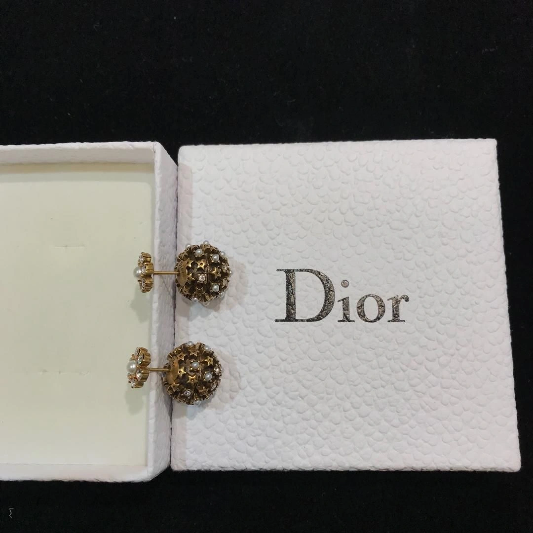 Christian Dior Tribales High End Flower Motif White Pearl Detail Ladies Yellow Brass Stud Earrings UK