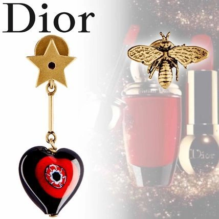 Dior Celebrity Style D-Murrine Red-Black Heart Charm Ladies Brass Bee Asymmetric Star Earrings E0807DMUVE_D911