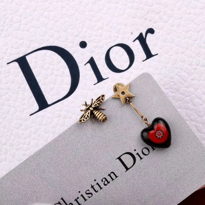 Dior Celebrity Style D-Murrine Red-Black Heart Charm Ladies Brass Bee Asymmetric Star Earrings E0807DMUVE_D911
