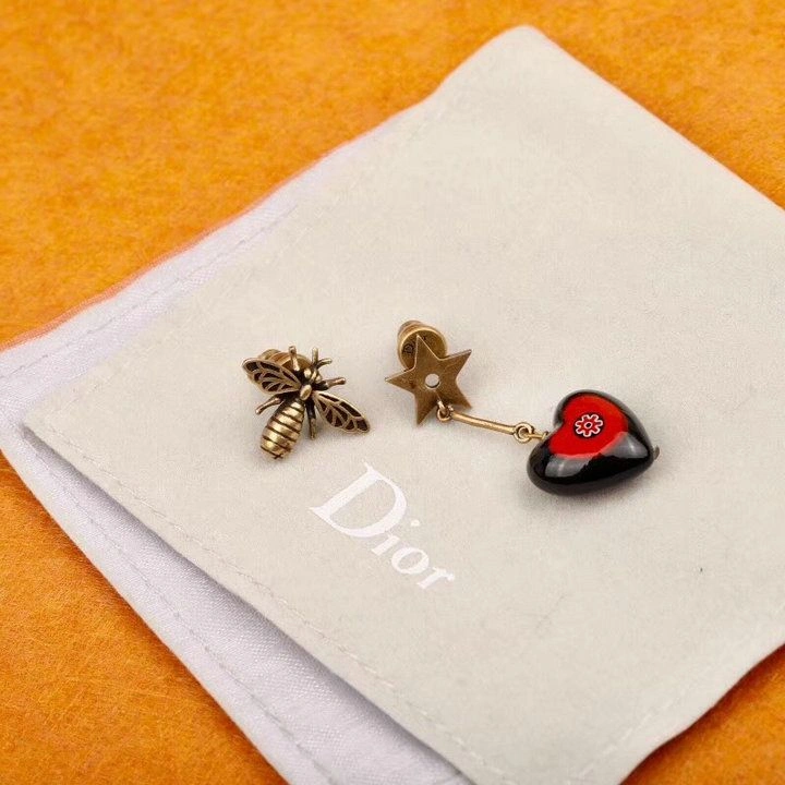 Dior Celebrity Style D-Murrine Red-Black Heart Charm Ladies Brass Bee Asymmetric Star Earrings E0807DMUVE_D911