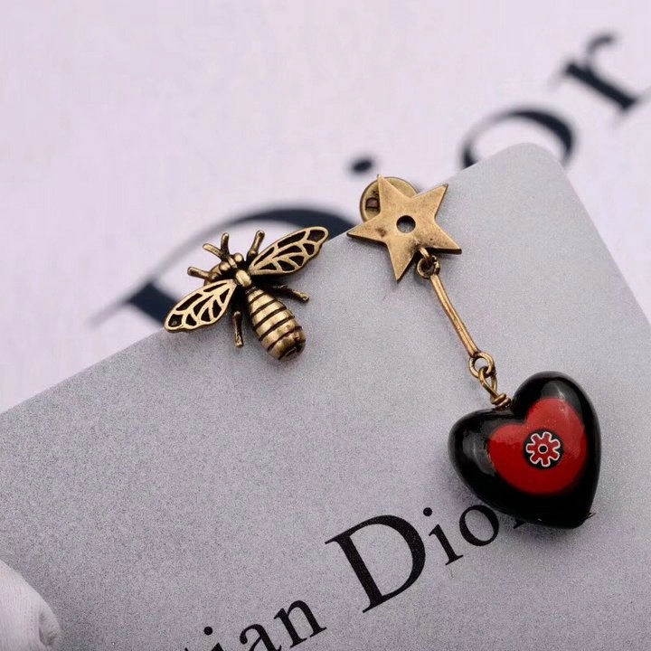 Dior Celebrity Style D-Murrine Red-Black Heart Charm Ladies Brass Bee Asymmetric Star Earrings E0807DMUVE_D911
