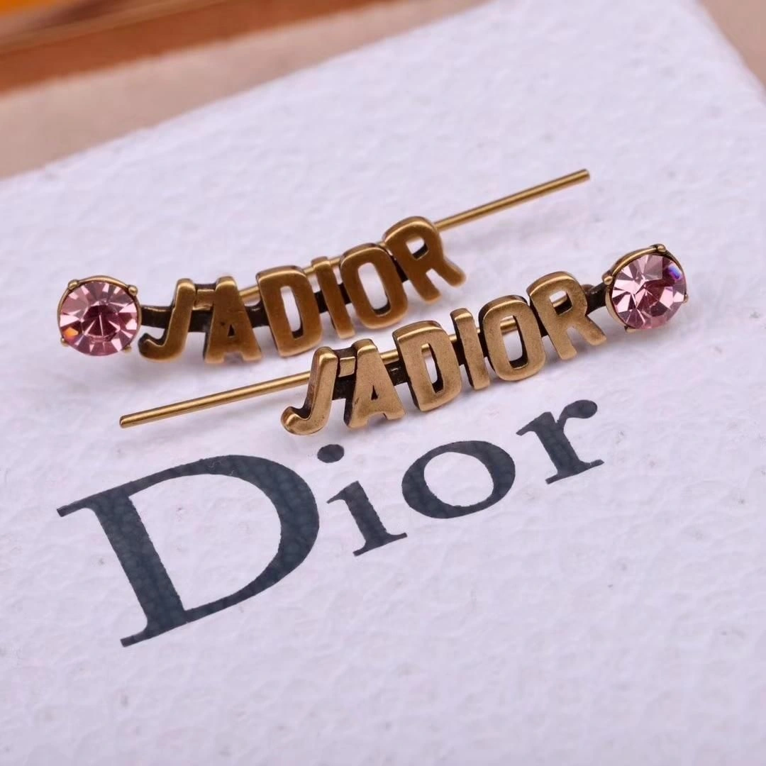 Dior J’Adior Boucles D’oreilles Pink Crystal Retro Brass Logo Motif Ladies Clip Earrings For Sale