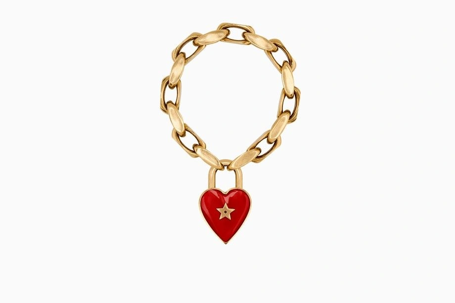 Dior Limited Edition Dioramour Red Heart Padlock Thick Chain Ladies Brass Bracelet B0628DMRLQ_D911