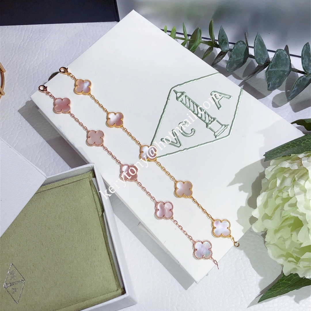 Fake Van Cleef Arpels Vintage Alhambra Bracelet 5 Motifs Rose Gold With Pink Mother-of-Pearl Spring
