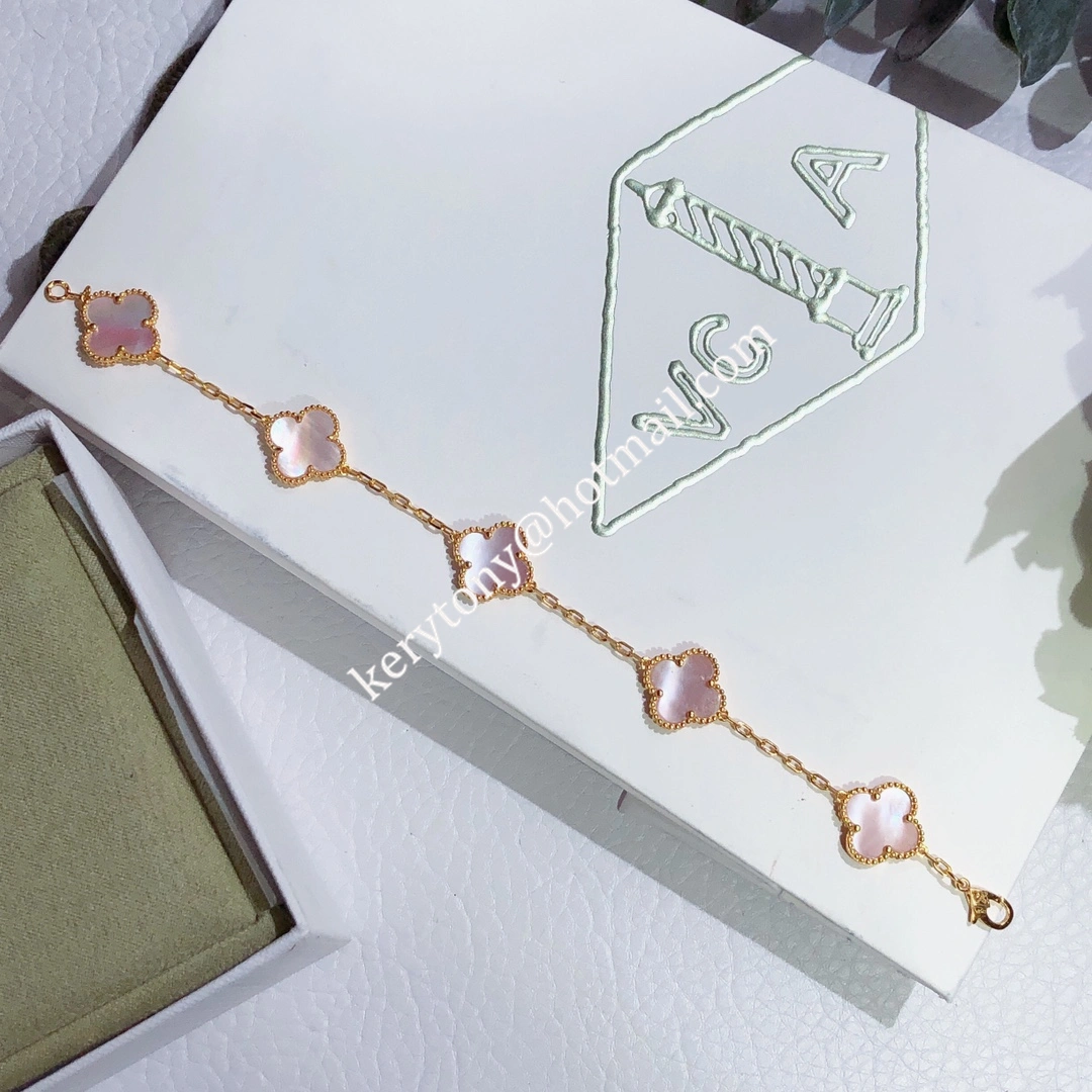 Fake Van Cleef Arpels Vintage Alhambra Bracelet 5 Motifs Rose Gold With Pink Mother-of-Pearl Spring