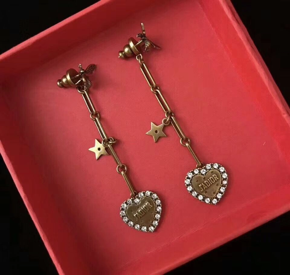 Fashion Trends Dior L’Amour Avenir White Crystal-Heart Pendant Brass Bee Long Drop Earrings Canada Replica