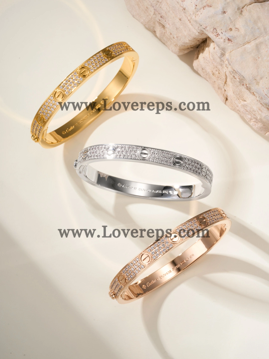 Hand-Set) Cartier Love Bracelet With Pave Diamonds Yellow Gold Rose Gold White Gold