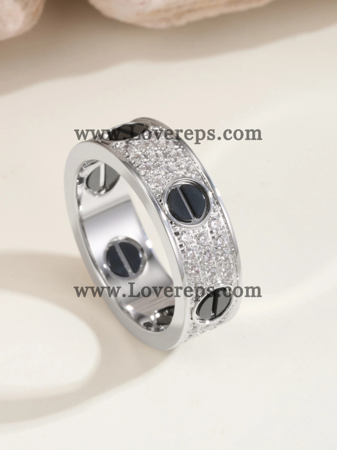 Hand-Set) Cartier Love Ring with Black Ceramic Paved Diamonds White Gold