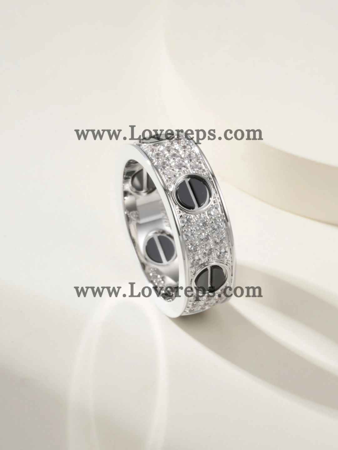 Hand-Set) Cartier Love Ring with Black Ceramic Paved Diamonds White Gold