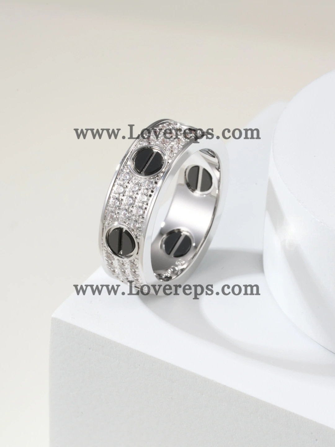 Hand-Set) Cartier Love Ring with Black Ceramic Paved Diamonds White Gold