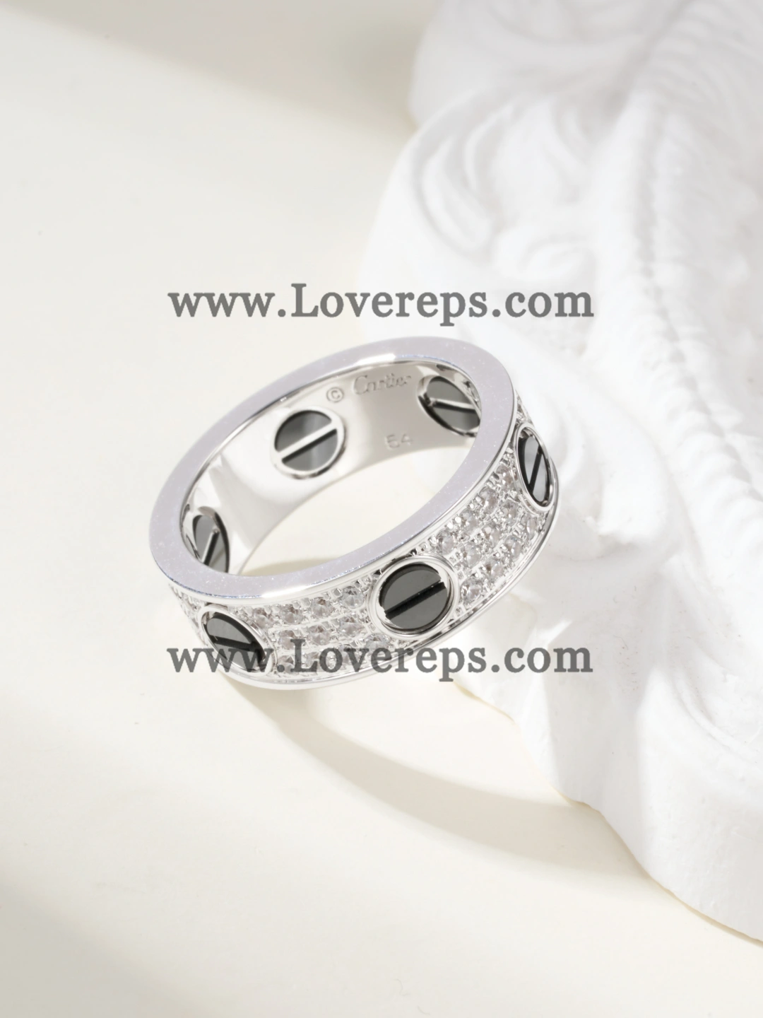 Hand-Set) Cartier Love Ring with Black Ceramic Paved Diamonds White Gold