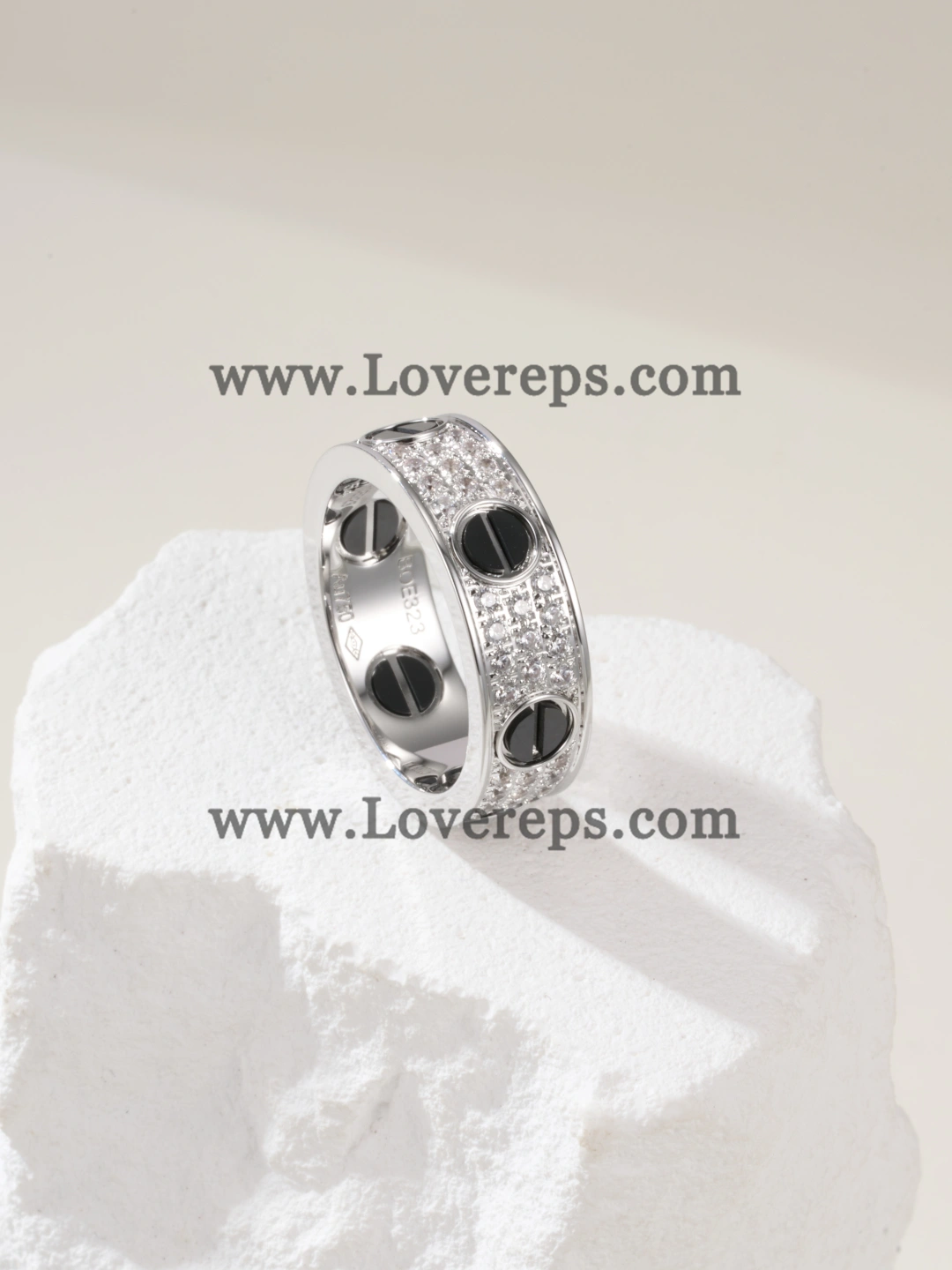 Hand-Set) Cartier Love Ring with Black Ceramic Paved Diamonds White Gold