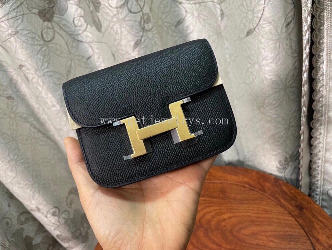 Handmade Hermes Constance Slim Wallet Belt Bag In Epsom Calfskin Black