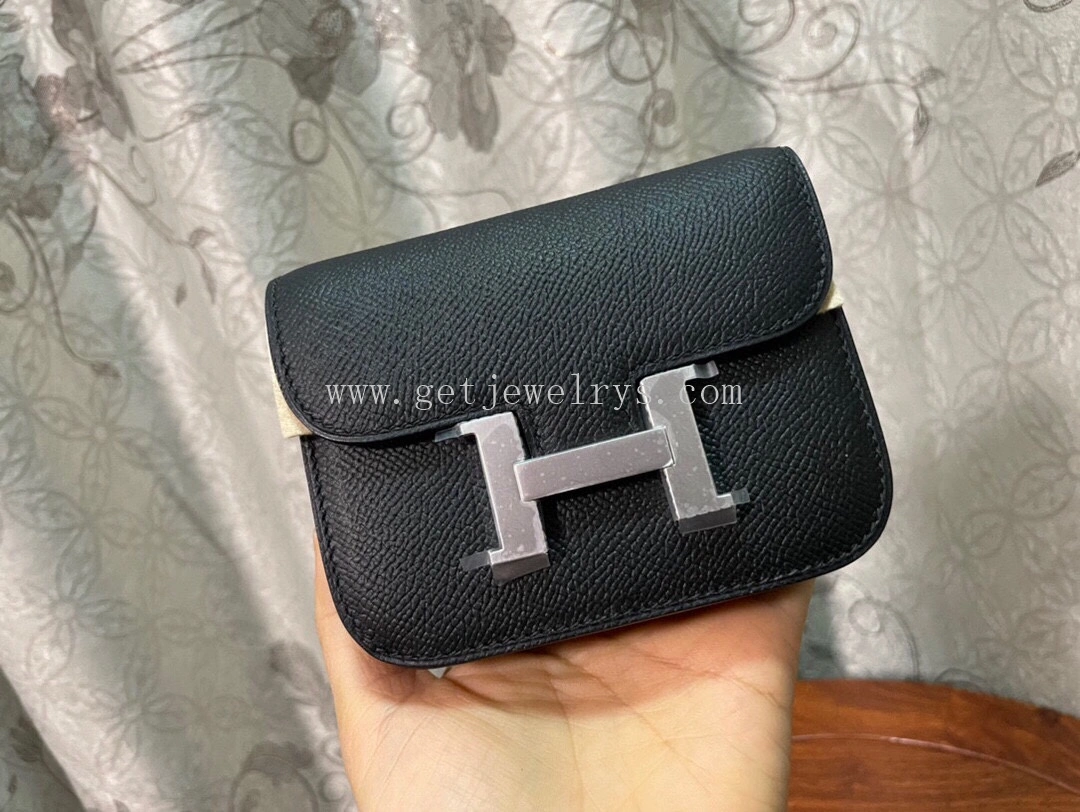 Handmade Hermes Constance Slim Wallet Belt Bag In Epsom Calfskin Black