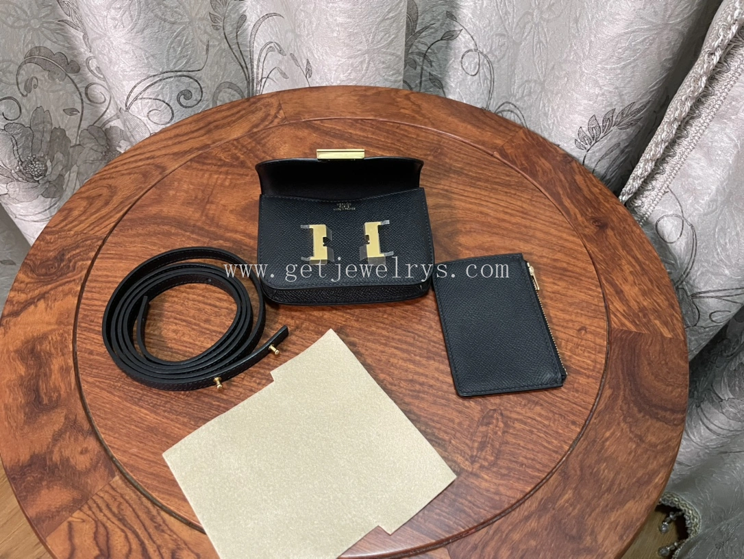 Handmade Hermes Constance Slim Wallet Belt Bag In Epsom Calfskin Black